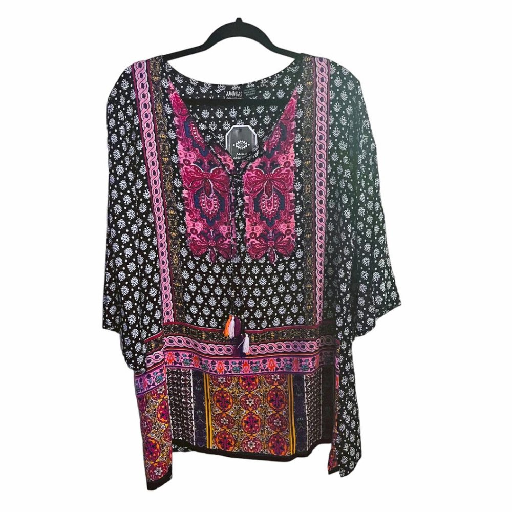 Ananda's Collection Black Multicolor Patchwork Print Tunic Top